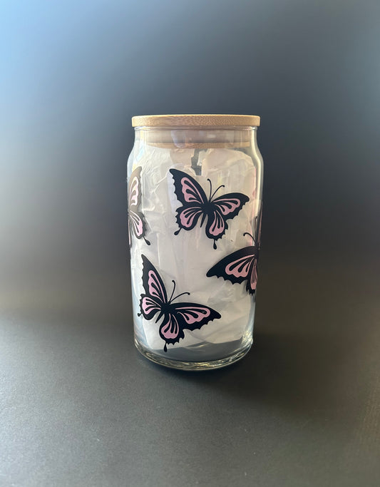 Pink butterfly glass cup