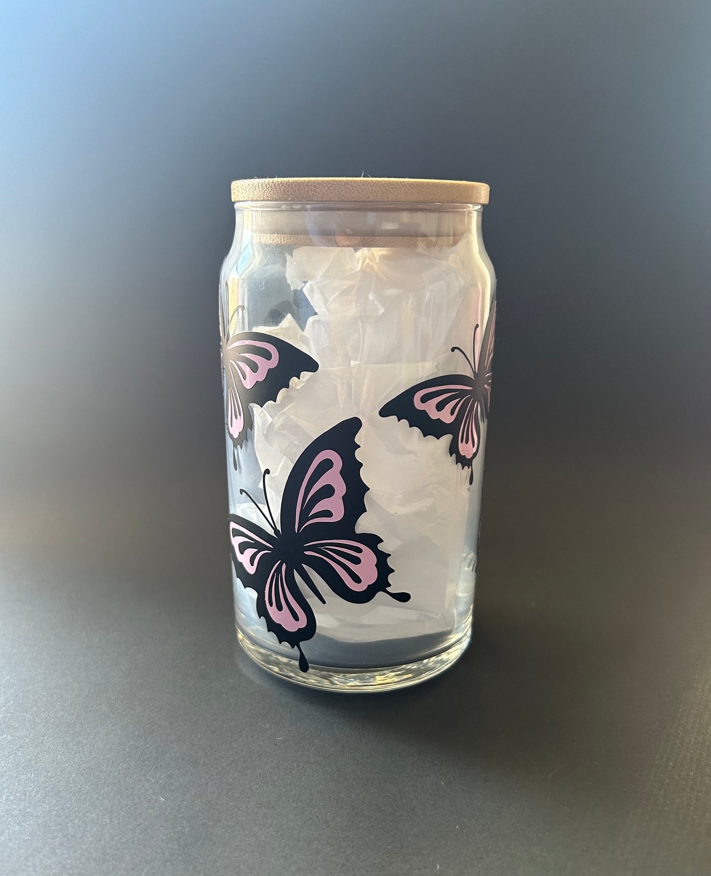 Pink butterfly glass cup